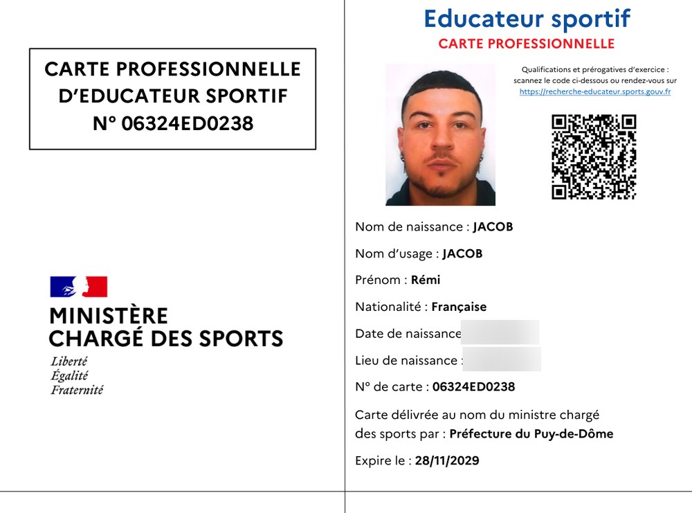 Carte professionnelle d'éducateur sportif de Rémi Jacob