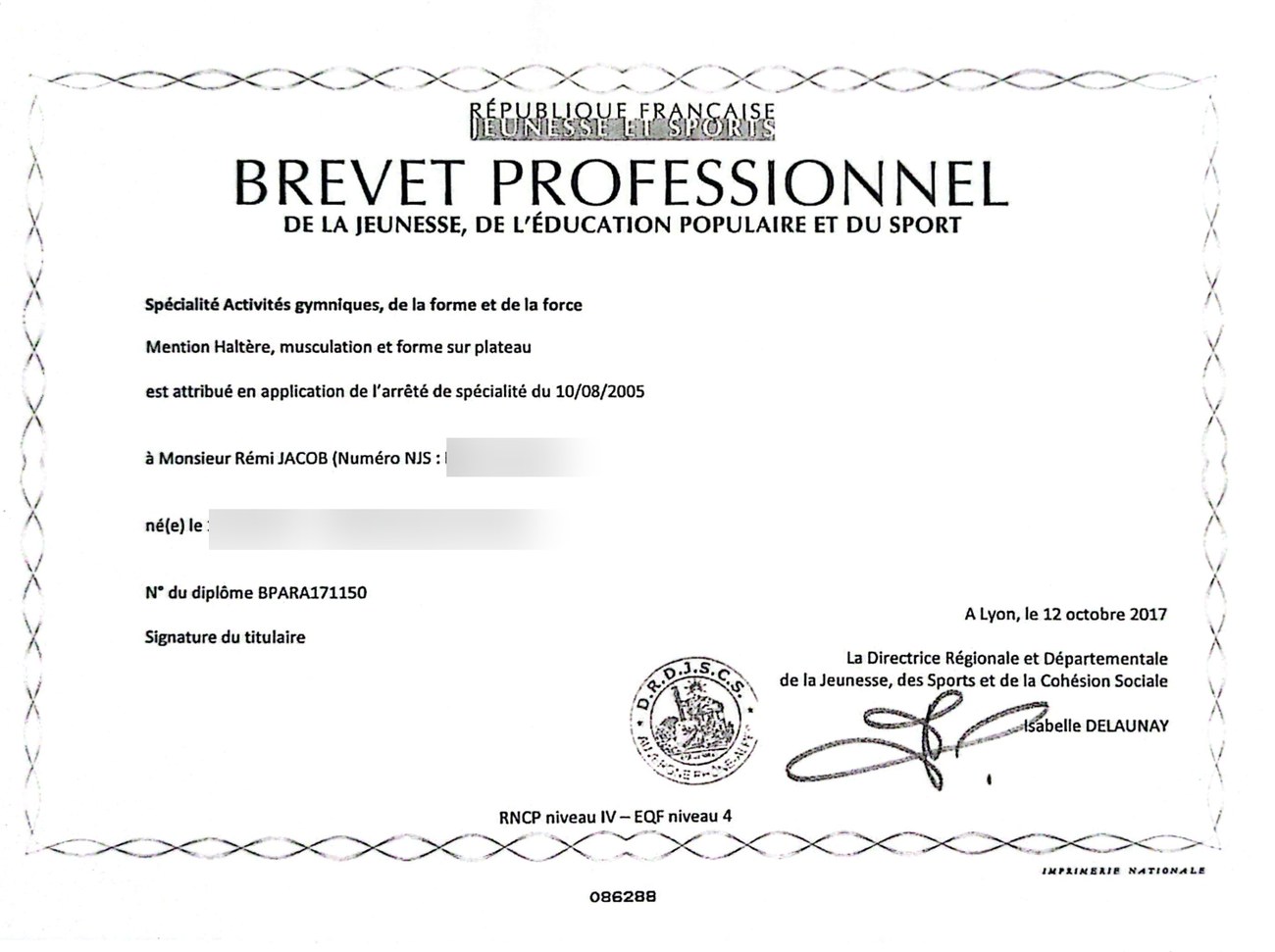 Diplôme BPJEPS AGFF de Rémi Jacob